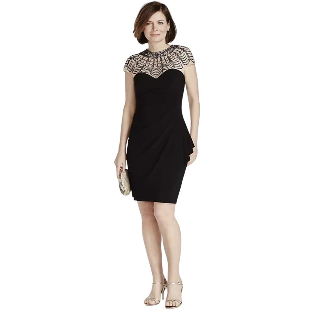 Xscape Beaded Illusion Cap Sleeve Bodice Jersey Dress‎ Black Size 10